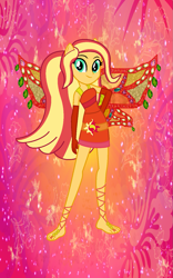 Size: 885x1419 | Tagged: safe, artist:ketrin29, artist:user15432, sunset shimmer, fairy, human, equestria girls, g4, alternate hairstyle, barefoot, barely eqg related, base used, clothes, crossover, cutie mark on clothes, dress, enchantix, fairy wings, fairyized, feet, gloves, hand on hip, hibiscus, long gloves, long hair, looking at you, ponied up, red background, red dress, red wings, simple background, solo, sparkly background, wings, winx, winx club, winxified