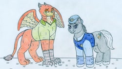 Size: 961x548 | Tagged: safe, artist:jose-ramiro, earth pony, griffon, pony, crossover, duo, female, griffonized, judy hopps, male, mare, nick wilde, police uniform, policemare, ponified, species swap, traditional art, zootopia