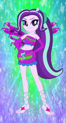 Size: 1005x1867 | Tagged: safe, artist:elementalalchemist03, artist:user15432, starlight glimmer, fairy, human, equestria girls, g4, alternate hairstyle, bare shoulders, barefoot, barely eqg related, base used, belly button, clothes, crossover, cutie mark on clothes, enchantix, fairy wings, fairyized, feet, gloves, gradient background, green background, hand on hip, long gloves, long hair, looking at you, pink wings, ponied up, ponytail, simple background, solo, sparkly background, strapless, wings, winx, winx club, winxified