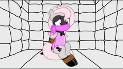 Size: 1192x670 | Tagged: safe, artist:php103, artist:sonicrock56, oc, oc:violet, earth pony, pony, animated at source, bondage, bound and gagged, cloth gag, damsel in distress, gag, over the nose gag, padded cell, superhero, tied up