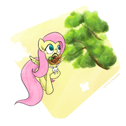 Size: 2048x2048 | Tagged: safe, artist:widelake, angel bunny, fluttershy, pegasus, pony, g4, basket, bread, food, high res, mouth hold, picnic, simple background, solo, tree, white background