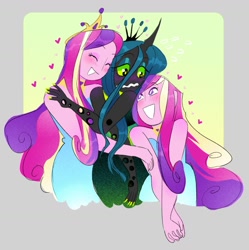 Size: 1389x1394 | Tagged: safe, artist:stevetwisp, dean cadance, princess cadance, queen chrysalis, alicorn, changeling, changeling queen, human, anthro, equestria girls, g4, blushing, blushing profusely, clothes, crown, cuddling, curved horn, cute, cutealis, dress, eyes closed, eyeshadow, female, grin, happy, heart, horn, hug, infidelity, jewelry, lesbian, long nails, makeup, nail polish, nervous, peytral, regalia, ship:cadalis, shipping, smiling, the fun has been doubled, trio, wavy mouth