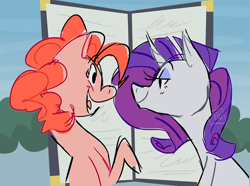 Size: 900x670 | Tagged: safe, artist:stevetwisp, pinkie pie, rarity, earth pony, pony, unicorn, g4, my little pony: friendship is magic, the gift of the maud pie, date, eyeshadow, female, imminent kissing, lesbian, makeup, menu, scene interpretation, ship:raripie, shipping