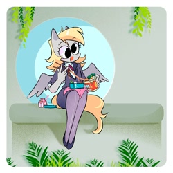 Size: 1500x1500 | Tagged: safe, artist:stevetwisp, derpy hooves, anthro, g4, chopsticks, clothes, cute, derpabetes, egg, female, flats, food, lunch, mare, noodles, office lady, pot noodle, shoes, sitting, skirt, solo, stockings, straw, strawberry milk, suit, thigh highs, tongue out, winged anthro, wings