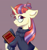Size: 3600x3800 | Tagged: safe, artist:ske, moondancer, pony, unicorn, g4, aside glance, book, bust, clothes, ear fluff, female, floppy ears, glasses, half body, high res, jagermeister, leg hold, looking at you, mare, messy mane, open mouth, purple background, simple background, solo, sweater, three quarter view
