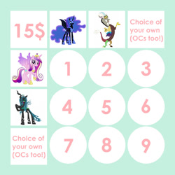 Size: 894x894 | Tagged: safe, artist:auditadopts, discord, nightmare moon, princess cadance, queen chrysalis, oc, alicorn, changeling, draconequus, pony, g4, adoptable