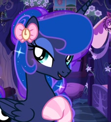 Size: 1080x1192 | Tagged: safe, artist:cstrawberrymilk, princess luna, alicorn, pony, bed, clothes, cushion, female, flower, glitter, hair accessory, lidded eyes, looking at you, show accurate, socks, solo, striped socks