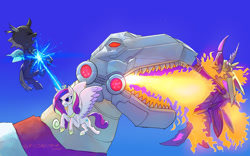 Size: 1280x798 | Tagged: safe, artist:grissaecrim, princess cadance, alicorn, changeling, pony, robot, canterlot wedding 10th anniversary, g4, 2012, blast, blue background, crossover, dinobot, fall of cybertron, female, fight, fire, fire breath, flying, grimlock, insecticon, magic, magic beam, magic blast, mare, simple background, transformers