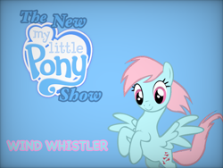 Size: 1024x768 | Tagged: safe, artist:tony hasbro, wind whistler, pegasus, pony, series:the new my little pony show, g1, g4, blue background, blue text, crossover, cute, female, g1 to g4, generation leap, mare, open mouth, open smile, parody, simple background, smiling, solo, text, the new woody woodpecker show, voice, whistlerbetes, woody woodpecker (series)