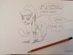 Size: 4096x3072 | Tagged: safe, artist:pony-berserker, applejack, earth pony, pony, g4, breaking the fourth wall, dialogue, monochrome, pencil, raised hoof, solo, speech bubble, talking to viewer, traditional art