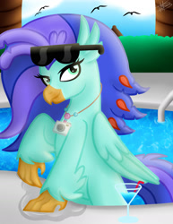 Size: 1280x1658 | Tagged: safe, artist:princessmoonsilver, oc, oc only, oc:sea lilly, bird, classical hippogriff, hippogriff, camera, commission, drink, female, jewelry, looking at you, necklace, poolside, straw, sunglasses, swimming pool, ych result