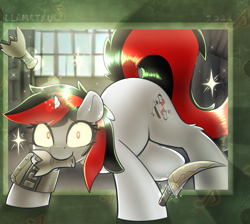 Size: 1491x1338 | Tagged: safe, artist:llametsul, oc, oc:blackjack, pony, unicorn, fallout equestria, fallout equestria: project horizons, atg 2022, bottle, broken bottle, dragon claw, fanfic art, female, glowing, glowing eyes, glowing horn, horn, imminent pain, looking at you, magic, mare, mouth hold, newbie artist training grounds, pinpoint eyes, pipbuck, ready to fight, small horn, smiling, solo