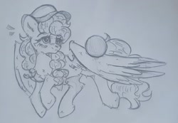 Size: 1280x884 | Tagged: safe, artist:starkey, oc, pegasus, pony, ball, braided tail, cap, full body, hat, monochrome, sketch, solo, tail, traditional art