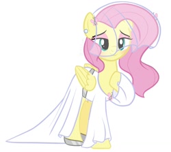 Size: 1235x1100 | Tagged: safe, artist:pippblossom, artist:sailorrainbow, fluttershy, pegasus, pony, g4, base used, blushing, clothes, dress, ear piercing, earring, eyeshadow, female, folded wings, full body, hoof on chest, hoof shoes, jewelry, lidded eyes, makeup, mare, piercing, simple background, smiling, solo, standing, wedding dress, wedding veil, white background, wings