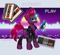 Size: 3424x3128 | Tagged: safe, artist:vinilyart, fizzlepop berrytwist, tempest shadow, pony, unicorn, g4, 80s, broken horn, compact cassette, glowing, glowing horn, gun, high res, horn, nintendo entertainment system, retro, weapon