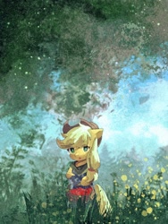 Size: 768x1024 | Tagged: safe, artist:lendftcn, applejack, earth pony, semi-anthro, g4, :o, apple, applejack's hat, arm hooves, basket, bipedal, clothes, cowboy hat, eye clipping through hair, female, film grain, food, grass, hat, looking at you, mare, open mouth, outdoors, plant, sky, solo, tree