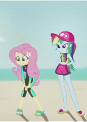 Size: 172x242 | Tagged: safe, edit, edited screencap, screencap, fluttershy, rainbow dash, human, aww... baby turtles, equestria girls, g4, my little pony equestria girls: better together, animated, beach, cap, clothes, cropped, duo focus, female, fluttershy's wetsuit, gif, hat, rainbow dash's beach shorts swimsuit, sandals, swimsuit, time-lapse