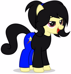 Size: 3410x3550 | Tagged: artist needed, safe, oc, oc only, earth pony, pony, clothes, earth pony oc, female, full body, high res, lidded eyes, mare, open mouth, open smile, shadow, shirt, show accurate, simple background, smiling, solo, standing, tail, white background