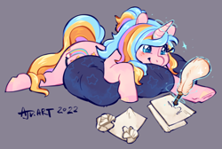 Size: 892x600 | Tagged: safe, artist:clovercoin, oc, oc only, oc:oofy colorful, pony, unicorn, magic, paper, quill, solo, telekinesis