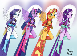 Size: 2724x1960 | Tagged: safe, artist:bageloftime, rarity, starlight glimmer, sunset shimmer, twilight sparkle, alicorn, anthro, g4, alicornified, breasts, busty rarity, busty starlight glimmer, busty sunset shimmer, busty twilight sparkle, cleavage, clothes, fast, female, flying, grin, group, happy, jetpack, leotard, looking at you, one eye closed, quartet, race swap, raricorn, shimmercorn, smiling, sonic boom, sound barrier, starlicorn, twilight sparkle (alicorn), wink, winking at you