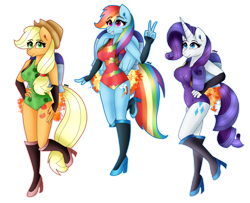 Size: 1280x1039 | Tagged: safe, artist:dazzlingmimi, applejack, rainbow dash, rarity, earth pony, pegasus, unicorn, anthro, g4, breasts, busty applejack, busty rainbow dash, busty rarity, clothes, flying, grin, jetpack, leotard, peace sign, simple background, smiling, transparent background