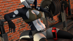 Size: 3840x2160 | Tagged: safe, artist:sfm deer animations, oc, oc:tilly, orca, anthro, 3d, clothes, countershading, gloves, gym, gym uniform, high res, solo, source filmmaker, strong