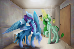 Size: 2700x1800 | Tagged: safe, artist:anastas, oc, hybrid, original species, pegasus, pony, unicorn, bathroom, bird tail, blue fur, comb, commission, detailed background, duo, duo female, feather, feathered wings, female, green eyes, green fur, green hair, green mane, help, helping, markings, purple eyes, purple hair, purple mane, question mark, shower, spread wings, tail, wings