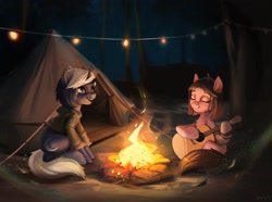 Size: 2048x1527 | Tagged: safe, artist:annna markarova, oc, oc only, oc:naga, pony, unicorn, campfire, camping, commission, complex background, cute, female, fire, guitar, musical instrument, night, string lights, tent, ukulele