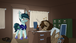Size: 3568x2007 | Tagged: safe, artist:moonatik, oc, oc:night watcher, oc:paper trail, pegasus, pony, alcohol, armor, chair, clothes, commission, curtains, desk, door, doorway, drunk, drunk bubbles, high res, holster, male, night guard, office, onomatopoeia, pegasus oc, shirt, shoes, sitting, sleeping, sound effects, stallion, whiskey, wings, zzz