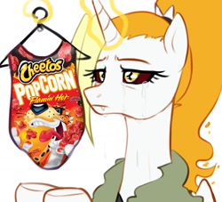 Size: 1760x1600 | Tagged: safe, artist:maren, oc, oc only, oc:dyx, alicorn, pony, alicorn oc, cheetos, chester cheetah, chips, clothes, clothes hanger, crying, female, flamin' hot cheetos, flamin' hot popcorn cheetos, food, horn, levitation, magic, mare, older, older dyx, one-piece swimsuit, popcorn, simple background, solo, swimsuit, telekinesis, white background, wings