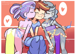 Size: 1920x1400 | Tagged: safe, artist:drantyno, diamond tiara, pipsqueak, silver spoon, human, equestria girls, g4, armlet, ass, belly dancer outfit, bracelet, butt, equestria girls-ified, female, heart, jewelry, kissing, loincloth, male, red background, simple background, sparkles, squishy cheeks