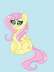 Size: 2233x2977 | Tagged: safe, artist:cinematic-fawn, fluttershy, pegasus, pony, g4, blue background, blushing, chest fluff, cute, ear fluff, female, folded wings, heart eyes, high res, mare, raised hoof, shyabetes, simple background, sitting, smiling, solo, three quarter view, wingding eyes, wings