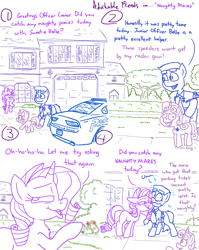 Size: 4779x6013 | Tagged: safe, artist:adorkabletwilightandfriends, rarity, sweetie belle, oc, oc:officer connor, earth pony, pony, unicorn, comic:adorkable twilight and friends, g4, adorkable, adorkable friends, automobile, car, comic, cute, dodge charger, dork, faic, home, house, neighborhood, nervous, oblivious, officer, police, police car, ponyville police, saucy, seduction, seductive, seductive look, slice of life, temptation, temptress, tree