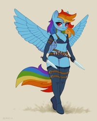Size: 1600x2000 | Tagged: safe, artist:asimos, rainbow dash, pegasus, anthro, plantigrade anthro, g4, belt, blushing, boots, breasts, clothes, dagger, fantasy class, female, gloves, long gloves, midriff, rogue, sexy, shoes, skimpy outfit, small breasts, solo, spread wings, stupid sexy rainbow dash, thigh boots, weapon, wings