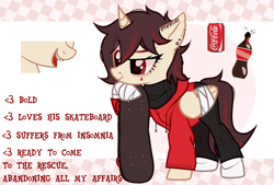 Size: 2548x1718 | Tagged: safe, artist:idkhesoff, oc, oc:cola popper, alicorn, pony, alicorn oc, bandage, clothes, coca-cola, denim, ear piercing, earring, female, femboy, gold tooth, hoodie, horn, jeans, jewelry, lip piercing, male, mare, nose piercing, nose ring, open mouth, pants, piercing, pony oc, raised hoof, reference sheet, skateboard, socks, soda, solo, sweater, tattoo, tongue piercing, wings