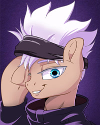 Size: 1280x1592 | Tagged: safe, artist:joaothejohn, pony, anime, clothes, crossover, cute, jujutsu kaisen, looking at you, male, ponified, raised hoof, satoru gojou, simple background, smiling, stallion