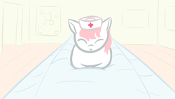 Size: 1920x1080 | Tagged: safe, artist:purblehoers, nurse redheart, earth pony, pony, g4, bed, behaving like a cat, comfy, cute, eyes closed, female, hat, heartabetes, hospital bed, indoors, lying, mare, offscreen character, ponyloaf, pov, prone, sketch, smiling