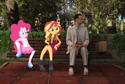 Size: 1199x800 | Tagged: safe, artist:pizza split, edit, pinkie pie, sunset shimmer, human, equestria girls, bench, equestria girls in real life, forrest gump, irl, looking, photo