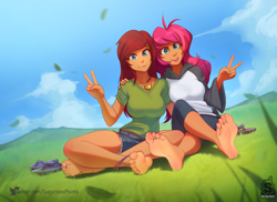 Size: 1500x1090 | Tagged: safe, artist:sugarlesspaints, oc, oc only, oc:kara, oc:shampoo, human, :p, anklet, barefoot, belt, breasts, clothes, commission, cute, duo, duo female, feet, female, grass, hoodie, humanized, humanized oc, jewelry, leggings, nail polish, necklace, peace sign, sandals, shirt, shorts, t-shirt, toe ring, toenail polish, tongue out