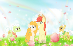 Size: 1360x854 | Tagged: safe, artist:swiftgaiathebrony, bright mac, grand pear, granny smith, pear butter, g4, afterlife, female, flower, food, male, meadow, pear, rainbow, ship:brightbutter, shipping, straight, sun