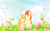 Size: 1360x854 | Tagged: safe, artist:swiftgaiathebrony, bright mac, grand pear, granny smith, pear butter, g4, afterlife, female, flower, food, male, meadow, pear, rainbow, ship:brightbutter, shipping, straight, sun