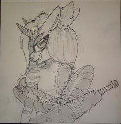 Size: 1693x1744 | Tagged: safe, artist:lockheart, oc, oc only, monster pony, oni, pony, club (weapon), female, looking at you, looking back, looking back at you, mare, open mouth, pencil drawing, rectangular pupil, solo, spiked club, traditional art, weapon