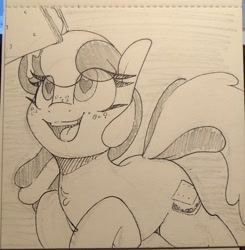 Size: 1796x1836 | Tagged: safe, artist:lockheart, oc, oc only, oc:s'mare, earth pony, pony, food, freckles, heart, heart eyes, looking up, monochrome, open mouth, open smile, pencil drawing, s'mores, smiling, solo, traditional art, wingding eyes
