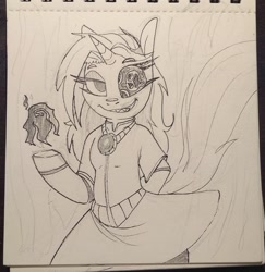 Size: 1733x1782 | Tagged: safe, artist:lockheart, oc, oc only, unicorn, semi-anthro, arm hooves, clothes, dress, female, grin, jewelry, looking at you, mare, monochrome, necklace, pencil drawing, smiling, solo, traditional art, trypophobia, unusual pupils