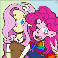 Size: 588x586 | Tagged: safe, artist:scaredkoi, fluttershy, pinkie pie, human, equestria girls, g4, blush sticker, blushing, hair over one eye, hand on shoulder, looking at you, no pupils, smiling, smiling at you, waving at you