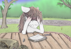 Size: 4000x2754 | Tagged: safe, artist:c_||_r, oc, oc only, earth pony, pony, atg 2022, blindfold, brown mane, eraser, gray coat, newbie artist training grounds, outdoors, palmar erythema, park table, pencil, sad, sketch, sketchbook, solo, tree