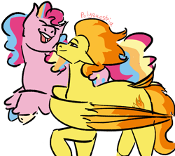 Size: 1063x945 | Tagged: safe, artist:lieutenantcactus, pinkie pie, spitfire, earth pony, pegasus, pony, g4, eyes closed, female, lesbian, mare, open mouth, pronking, ship:spitpie, shipping, simple background, smiling, white background