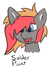 Size: 429x595 | Tagged: safe, artist:solder point, oc, oc only, oc:solder point, earth pony, pony, blue eyes, bust, colored, cute, digital art, freckles, gray coat, long hair, long mane, male, open mouth, signature, simple background, smiling, solo, stallion, white background