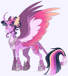 Size: 1171x1306 | Tagged: safe, artist:wanderingpegasus, twilight sparkle, alicorn, pony, the last problem, alternate design, alternate hairstyle, chest fluff, coat markings, colored ears, colored wings, curved horn, cute, eyebrows, eyebrows visible through hair, facial markings, female, freckles, full body, hoof shoes, horn, jewelry, leonine tail, looking at you, mare, markings, multicolored mane, multicolored tail, multicolored wings, necklace, older, older twilight, pale belly, princess twilight 2.0, redesign, regalia, simple background, smiling, smiling at you, snip (coat marking), solo, spread wings, standing, star (coat marking), tail, twiabetes, twilight sparkle (alicorn), unshorn fetlocks, white background, wings