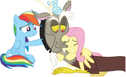 Size: 2383x1451 | Tagged: safe, artist:littlecl0ud, discord, fluttershy, rainbow dash, draconequus, pegasus, pony, g4, season 9, the beginning of the end, cute, dashabetes, discute, eyebrows, eyes closed, female, folded wings, grin, happy, hug, male, mare, one wing out, petting, shyabetes, simple background, sitting, smiling, transparent background, trio, vector, wings